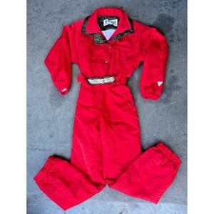 Fera Skiwear Vintage Ski Suit Womens Sz 10 Red One Piece Snowsuit Belted Aztec